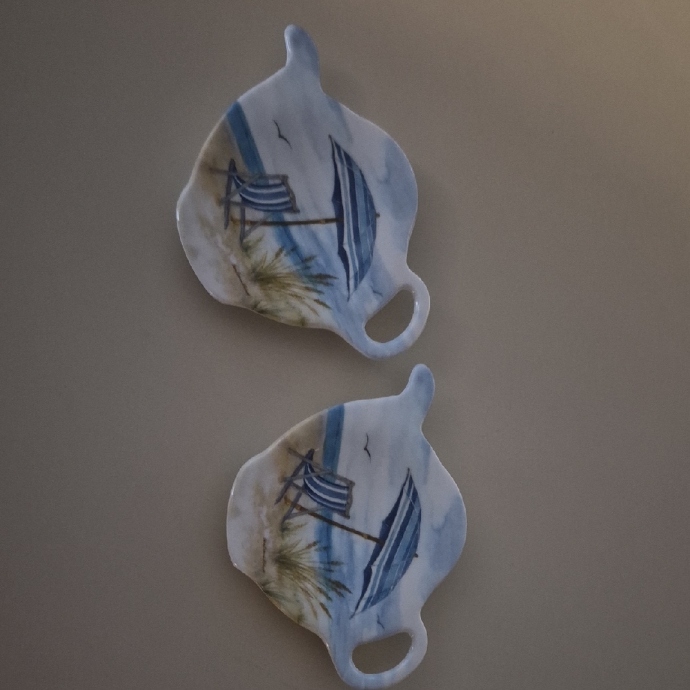 Pair Of Melamine Made In Italy Tea Bag/Spoon Holders Beach Theme